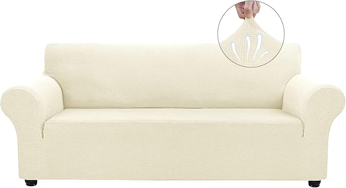 Asnomy Couch Covers for 3 Cushion Couch Stretch Sofa Covers Slipcovers, Pet Protector Furniture Covers for Dogs Cats Spandex Jacquard Fabric Small Checks（X-Large，Off-White）