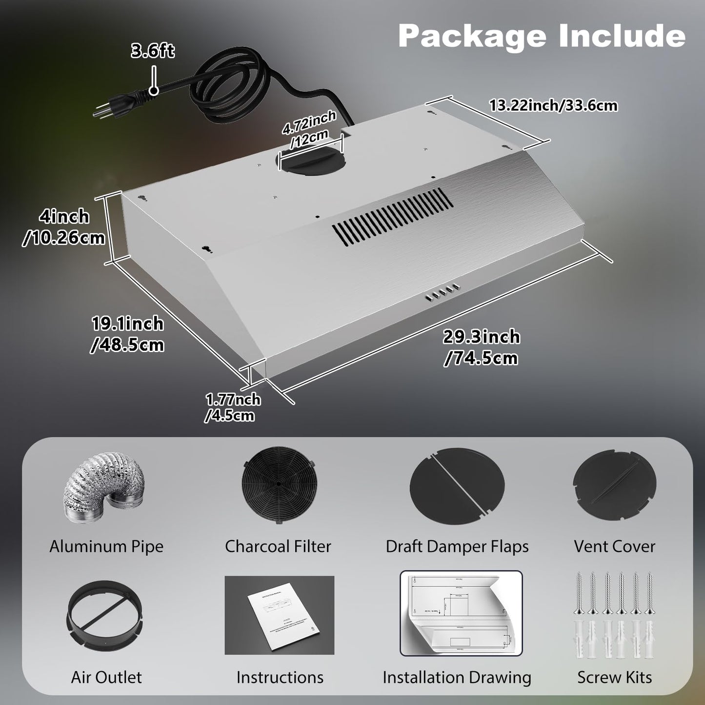 Alemania 30 Inch Under Cabinet Range Hood, Stainless Steel Kitchen Exhaust Fan 300 CFM, Ducted/Ductless Convertible Stove Vent Hood with Charcoal Filter & Aluminum Exhaust Pipe