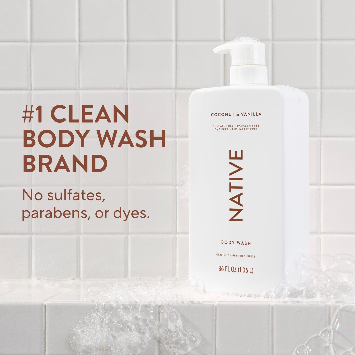 Native Body Wash for Women & Men, Coconut & Vanilla, 36 oz Pump Bottle, Sulfate-Free & Gentle for All Skin Types