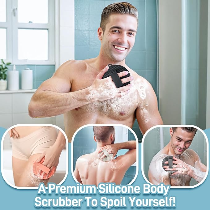 Silicone Body Scrubber 2PCS, Durable Silicone Loofah with Waved Bristles and Non-Slip Handle, Hygienic Body Buffer Shower Scrubber for Gentle Exfoliating & Lathering(Black+Lgray)
