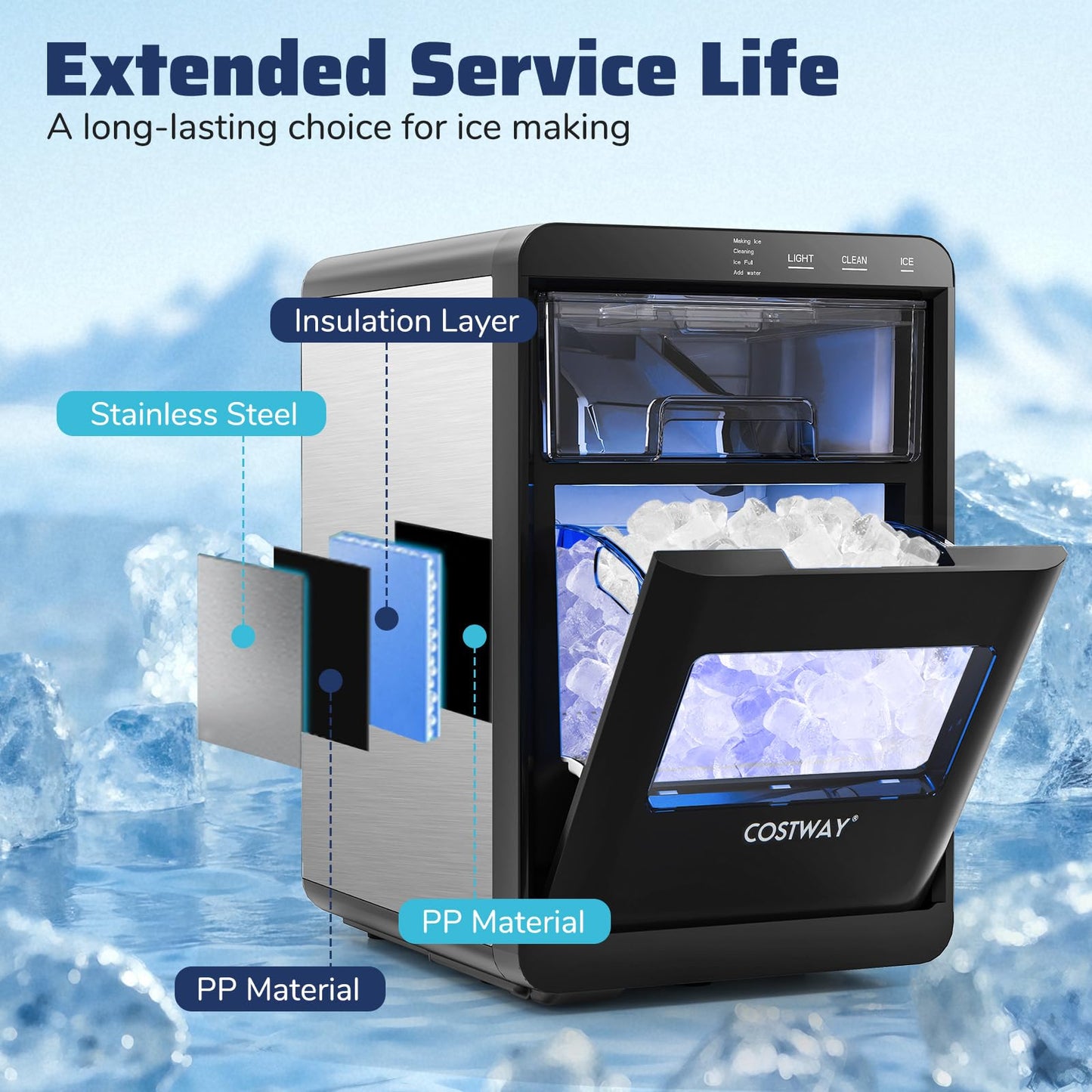 COSTWAY Countertop Nugget Ice Maker, 44 lbs/24H Chewable Sonic Ice Machine w/Self Cleaning, Ready in 6 Mins, Low Noise, Pull-Out Water Tank & Touch Control Panel for Home, Bar, Kitchen, RV