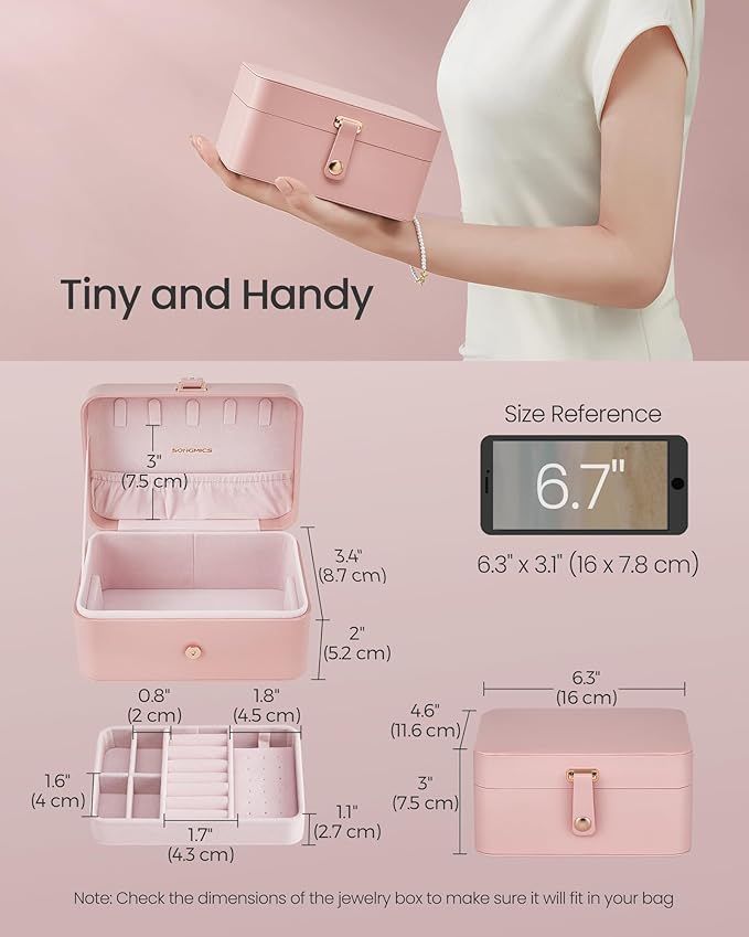 SONGMICS Jewelry Organizer Box, Travel Jewelry Case, 2-Layer Travel Case for Earrings, Necklaces, Bracelets - Portable Jewelry Storage with Large Capacity, Gift Idea, Jelly Pink UJBC166R01