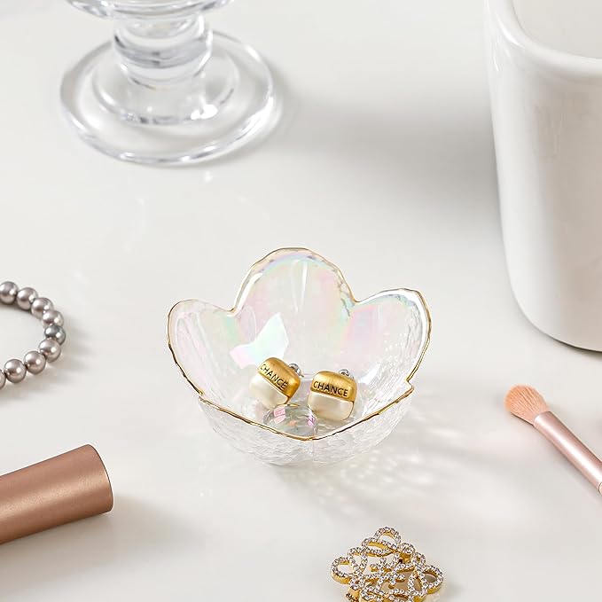 White Flower Jewelry Dish Glass Ring Dish Jewelry Tray Cute Vanity Organizer Room Decor Aesthetic Nightstand Bathroom Decor Trinket Dish Ring Holder Jewellery Tray Valentine's Birthday Gifts for Women