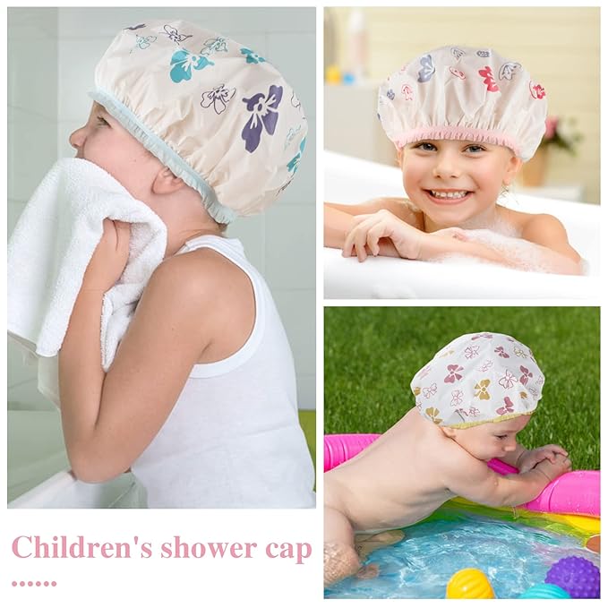 Waterproof Shower Caps, 3 Pcs Plastic Reusable Shower Caps Elastic Band Bath Caps for Women, Kids (Flower)