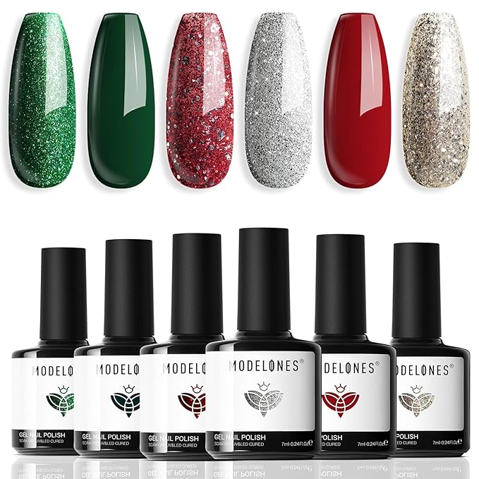 modelones Gel Nail Polish Set, 6 ColorsSparkle Dark Green Red Silver Champagne Rose Gold Glitter Gel Polish Kit New Year Soak Off Nail Art Manicure Salon DIY Home Gift