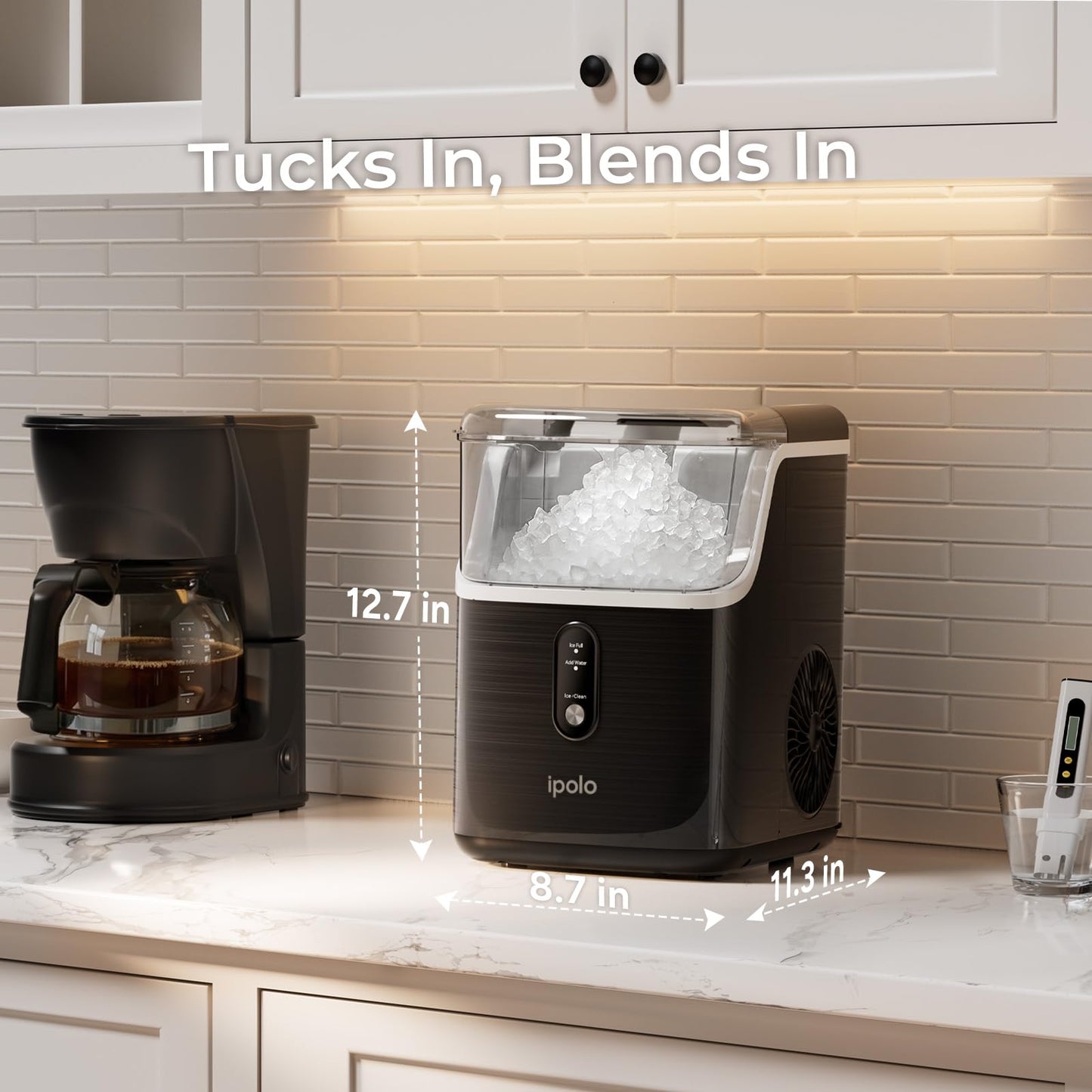 ipolo Nugget Ice Maker Countertop: 33lb/Day, Self-Cleaning, Black Stainless Steel, Portable, Soft Chewable Pebble Ice Machine for Home Kitchen, RV & Office