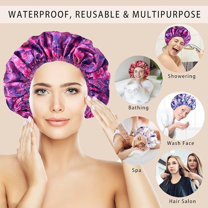 4 PCS Shower Cap for Women, Elastic and Reusable Bath Caps, Double Layers Shower Caps Reusable Waterproof, Bathing Shower Caps, Environmental Bath Hair Protection Cap - Printing Flower D