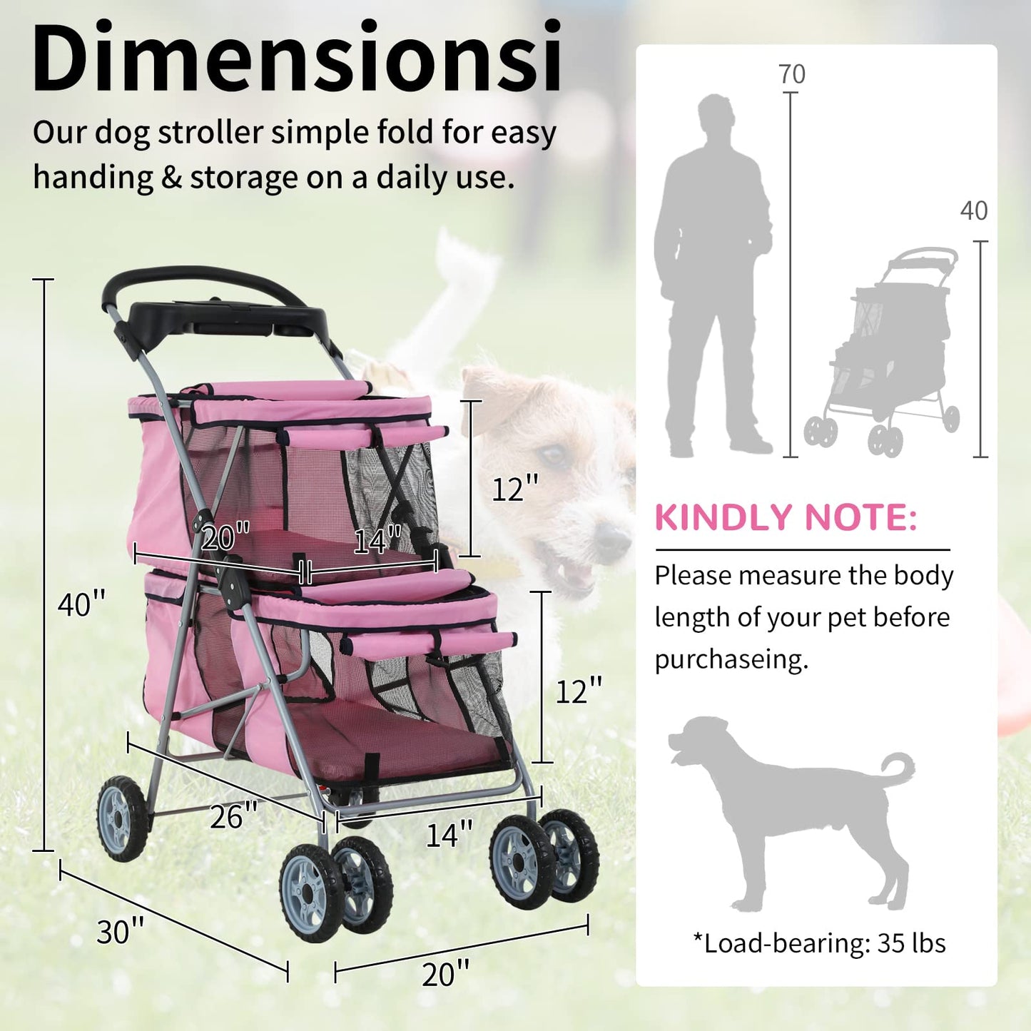 Dog Stroller 4 Wheels Cat Stroller Double Layer Pet Strollers Pet Carriers Jogger Strollers for Medium Dogs Cats Travel Camping Strolling Cart with Cup Holder Removable Liner, Pink