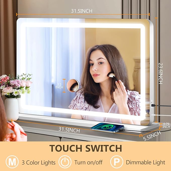 32"x24" Vanity Mirror with Lights, Led Makeup Mirror, Lighted Makeup Mirror with 3 Color Dimmable Lights, Smart Touch Screen Control, Aluminum Metal Frame,USB Charging Port