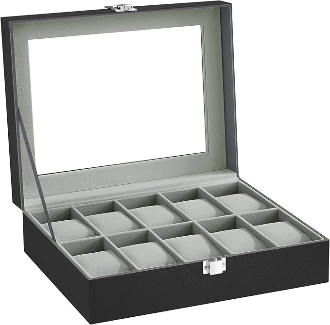SONGMICS Watch Box, 10-Slot Watch Case Organizer with Large Glass Lid, Removable Pillows, Gift for Loved Ones, Black Synthetic Leather, Gray Lining UJWB010BK