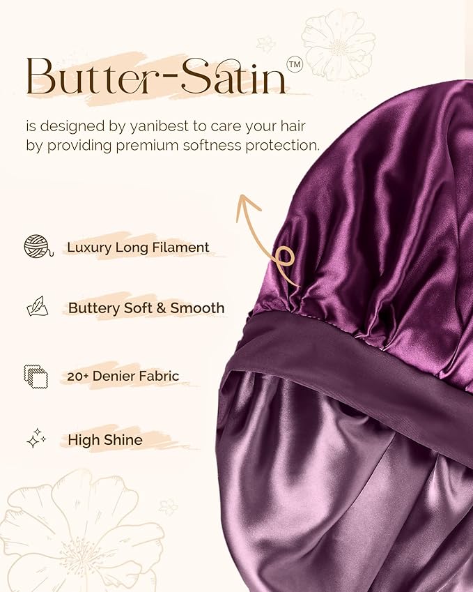 Yanibest Adjustable Satin Bonnet for Sleeping, Double Layer Silk Hair Bonnet with Tie Band for Unisex Women Men Curly Natural