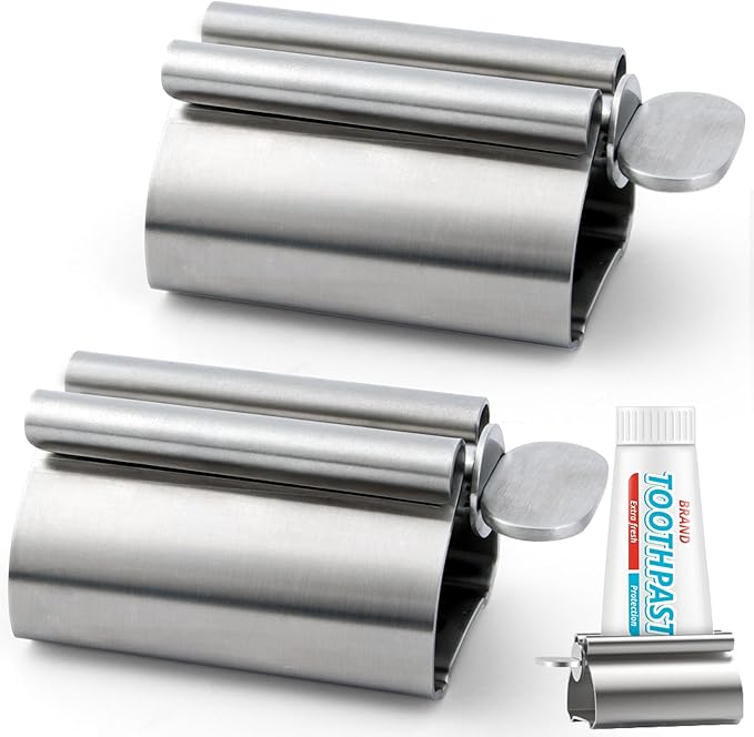 LOVEINUSA Toothpaste Tube Squeezer Dispenser, 2PCS Toothpaste Roller Squeezer Tool Metal Tooth Paste Holder for Bathroom, Silver