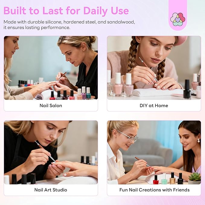 SAVILAND Nail Art Sculpture Pen: Silicone & Metal Dual Tipped Nail Brushes Silicone Nail Art Tools for Design Nail Foil Carving Drawing Shaping Effect Nail Art Pens Sandalwood Handle for Home DIY