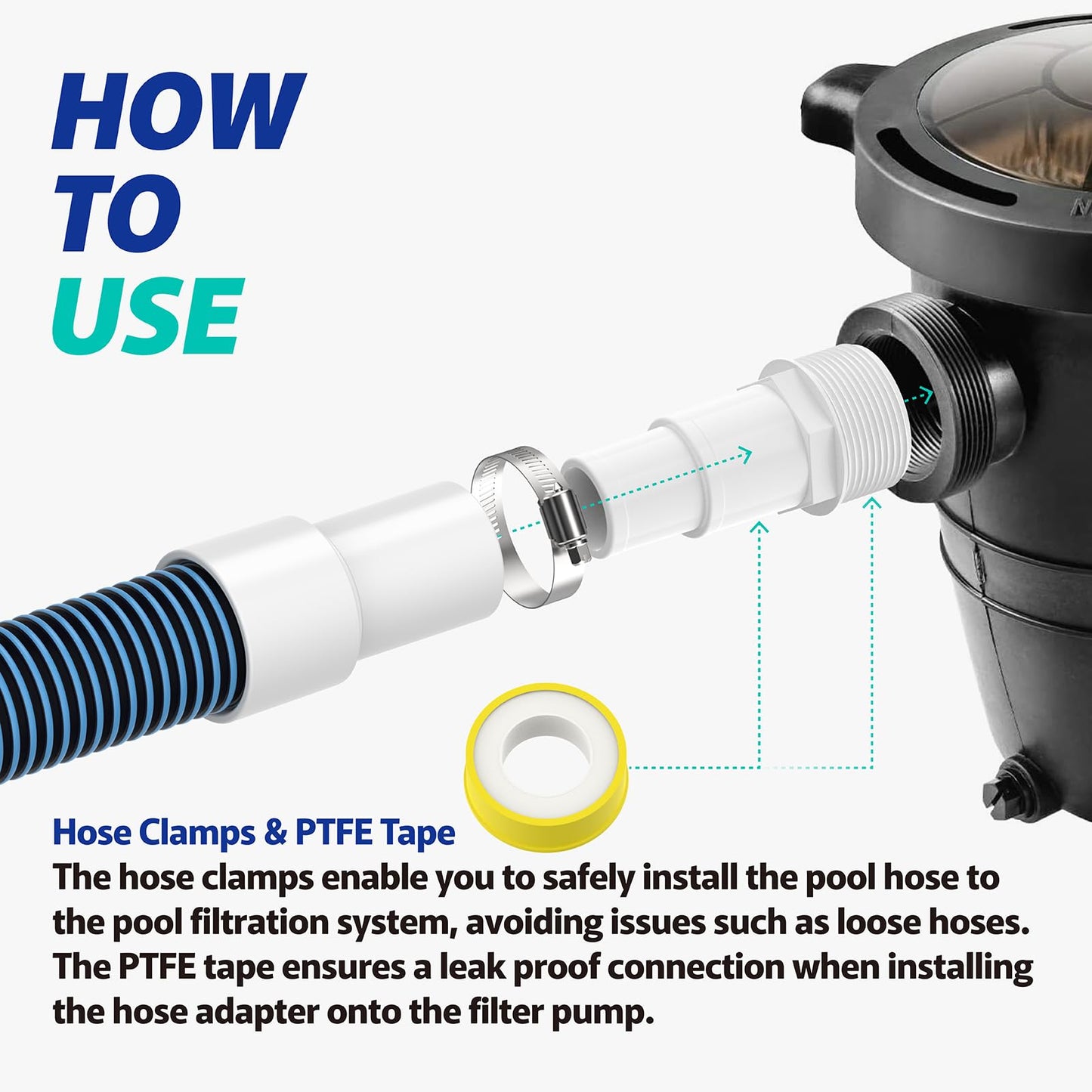 Pool Filter Hose Replacement Kit, 1.5" 3 Foot Heavy Duty Above Ground Pool Hose Compatible with Intex Pool Filter Pumps (4 Clamps+2 Adapters+2 Tapes)