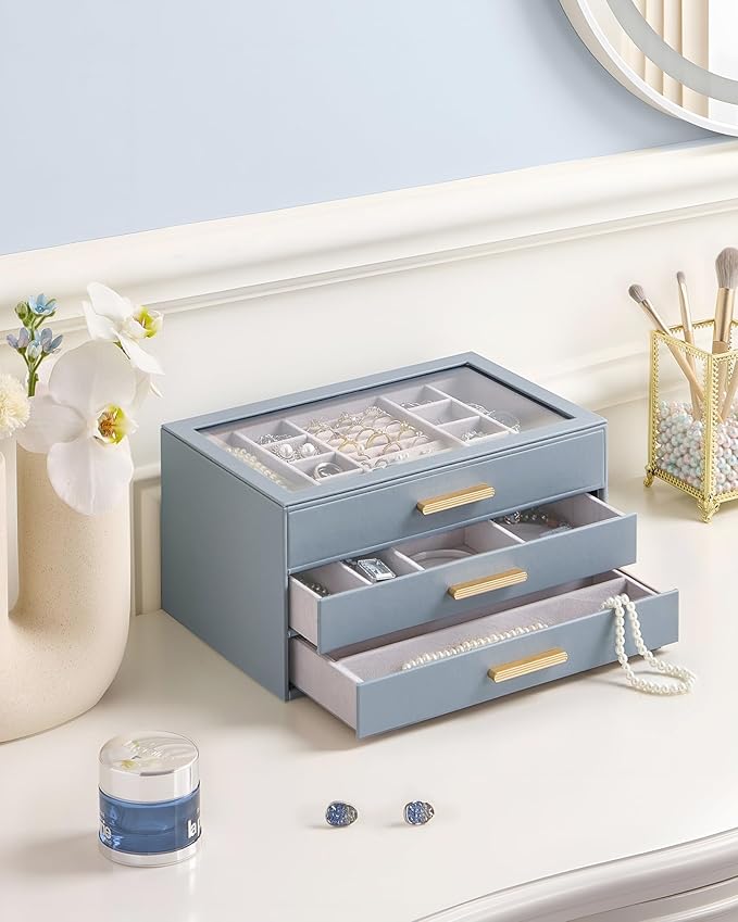 Lolalet Jewelry Box Organizer, 3-Layer Jewelry Organizers and Storage Case with Glass Lid, Ring Earring Bracelet Necklace Holder Organizer, Birthday Valentine Gifts for Women Girls -3Layer, HazeBlue