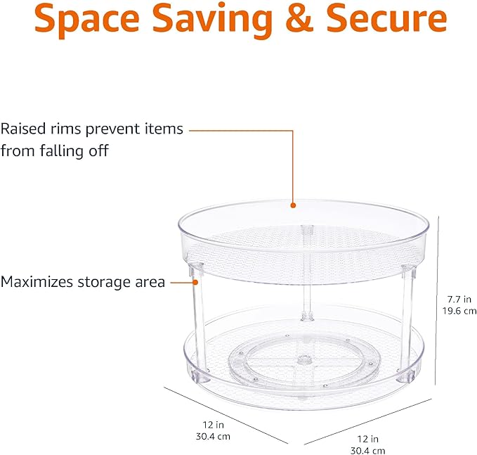 Amazon Basics 2 Tier Lazy Susan Turntable Organizer for Condiments, 12" Diameter, Clear