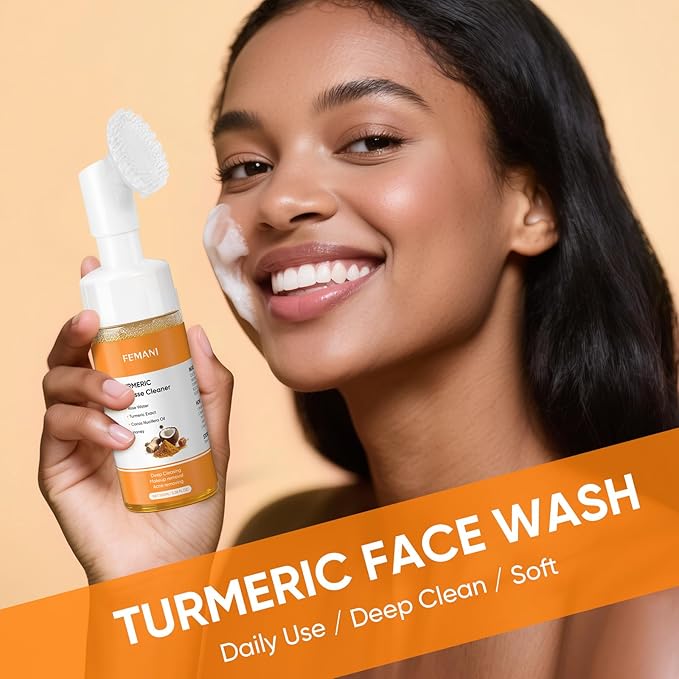 femani 2pcs Glow Wash Turmeric Face Wash With Brush, Deep Cleansing Exfoliating Foaming Facial Cleanser, Improve Skin Condition