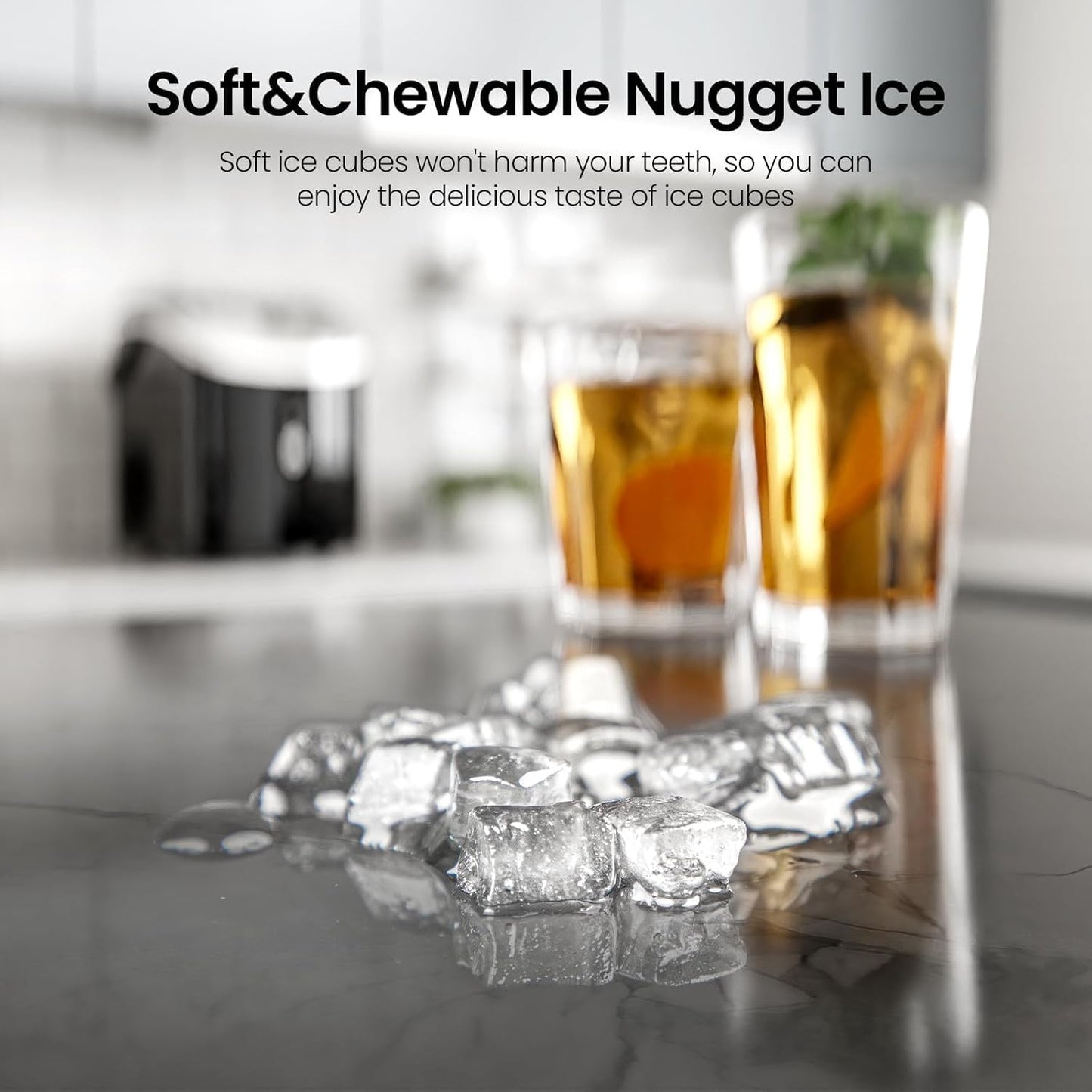 AGLUCKY Nugget Ice Makers Countertop with Handle, Portable Pebble Ice Machine with Soft Chewable Ice,Self-Cleaning,One-Click Operation for Home/Kitchen (Dark Black)