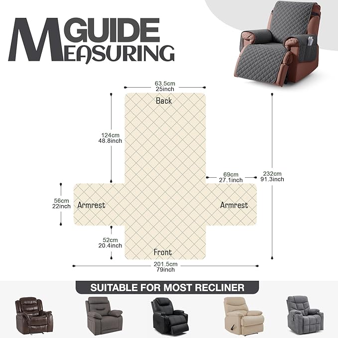 KinCam 100% Waterproof Recliner Chair Cover, Reclining Couch Covers for Pets, Dogs, Recliner Couch Slipcover Furniture Protector with Elastic Straps for Kids(25", Charcoal Gray)