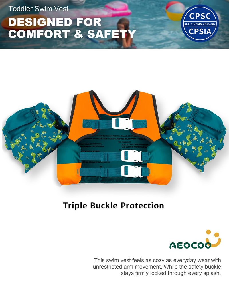AEOCOO Puddle Float Jumper 20-30 Pounds, Toddler Swim Vest for 1-2-3 Years Old, Pool Floats with Swimming Arm Floaties Swim Jacket with Water Wings for Kids Swimmies, Boys, Girls, Niños, Cool-Dino
