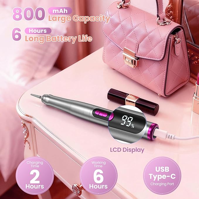 Cordless Nail Drill 35000RPM, Portable Electric Nail File for Acrylic Gel Nails, Professional Manicure Pedicure Kit, Rechargeable efile Set for feet with LCD Display, Low Noise Low Vibration-Grey