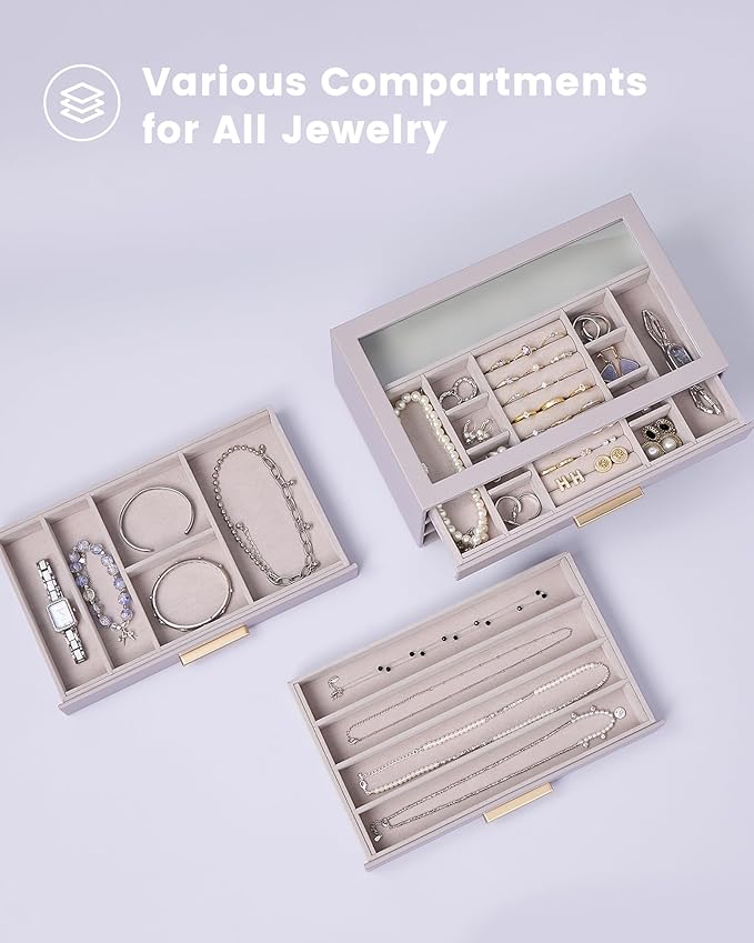 Lolalet Jewelry Box Organizer, 3-Layer Jewelry Organizers and Storage Case with Glass Lid, Ring Earring Bracelet Necklace Holder Organizer, Birthday Valentine Gifts for Women Girls -3Layer, HazePurple