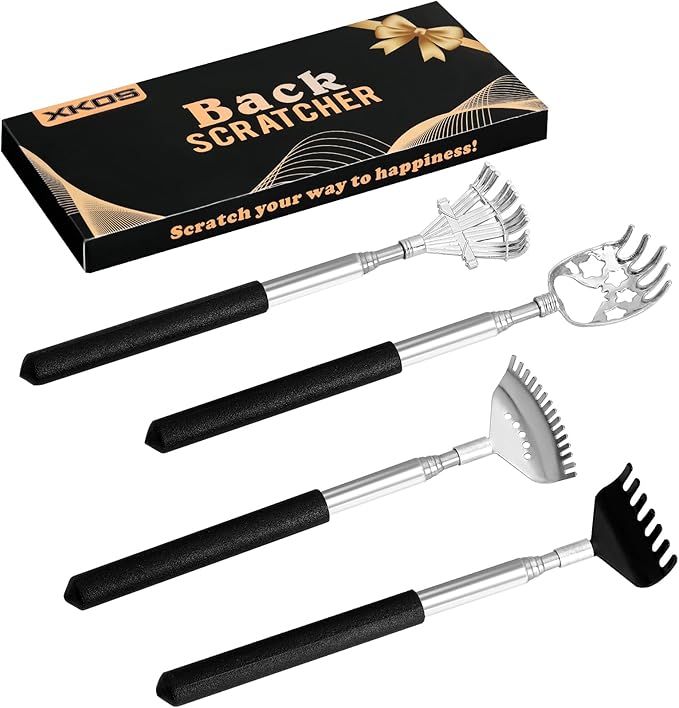 XKOS 4 Pack Different Back Scratcher Portable Telescoping with Rubber Handles, Extendable Metal Back Massager Tool with Beautiful Box, Stocking Stuffers for Men Women Adults (Black)