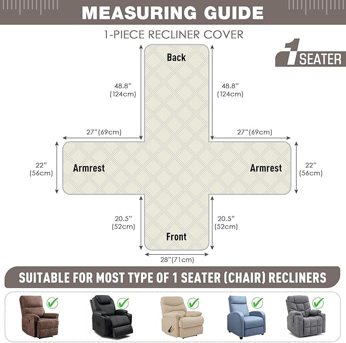 TAOCOCO 100% Waterproof Recliner Chair Cover, Oversized Recliner Covers for Large Recliner Chair with Double Straps, Non Slip Reclining Chair Cover for Kids, Pets(28'', Light Brown)