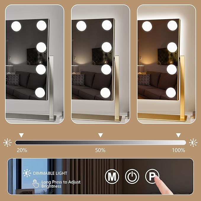 Gold Hollywood Vanity Mirror with Lights, 9 Dimmable Bulbs, 3 Color Lights,Make Up Lighted Mirror, 10x Magnification 360°Rotation(12" x 14")