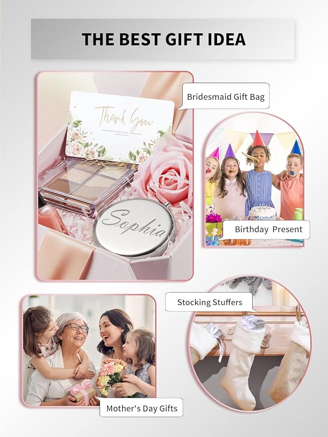 Compact Mirror Bulk, Set of 2 Double-Sided 1X/2X Magnifying Purse Pocket Makeup Mirrors(Round, Rose Gold and Silver)