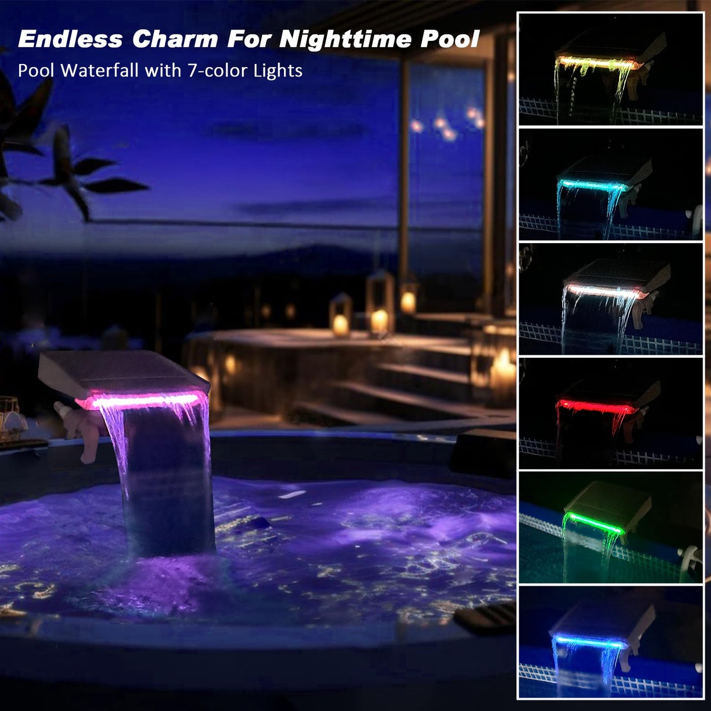 NICENICY Pool Waterfall with 7-Color LED Lights, Swimming Pool Waterfall Fountain for Above Ground Pools, Smooth Flowing Waterfall with Light for Relaxation, Fits 1.2" to 4.7" Above-ground Pool Frames