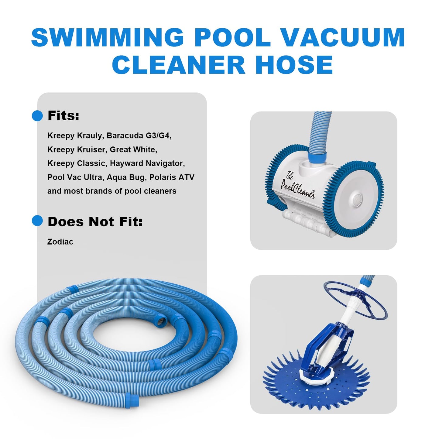 Poolvio Pool Vacuum Hose 26 Feet (8 x 40 Inch), 1.5 Inch Cuffs, Compatible with Most Inground Automatic Cleaners