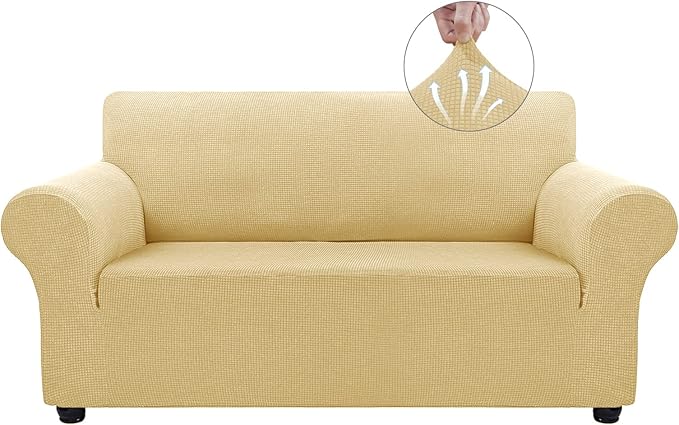 Asnomy Sofa Covers for 2 Cushion Couch Stretch loveseat Covers Slipcovers, Pet Protector Furniture Covers for Dogs Cats Spandex Jacquard Fabric Small Checks （Medium，Champagne）