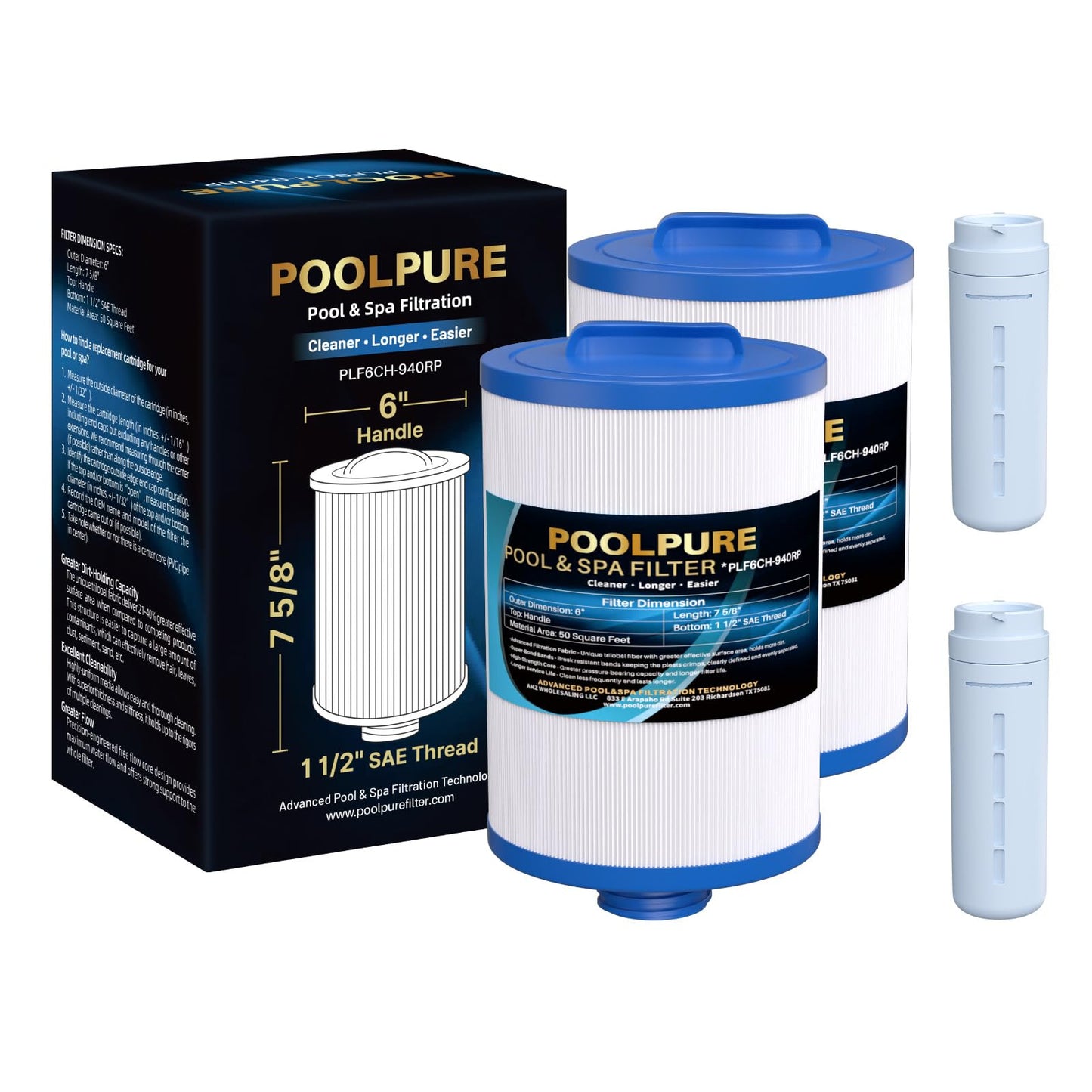 POOLPURE 6CH-940RP Removable Handle Spa Filter Replaces PWW50P3(1 1/2" Coarse Thread), 6CH-940, 817-0050, Filbur FC-0359, 25252, with Built-in Chlorine Dispenser, Screw in SAE Thread Filter 2Pack