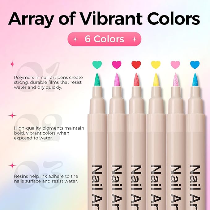 6 Colors Nail Art Pens Set, 3D Nail Polish Pens Quick-Drying Acrylic Paint Markers, Dotting Liner Brush for DIY Nail Design, Home & Salon Manicure Tools