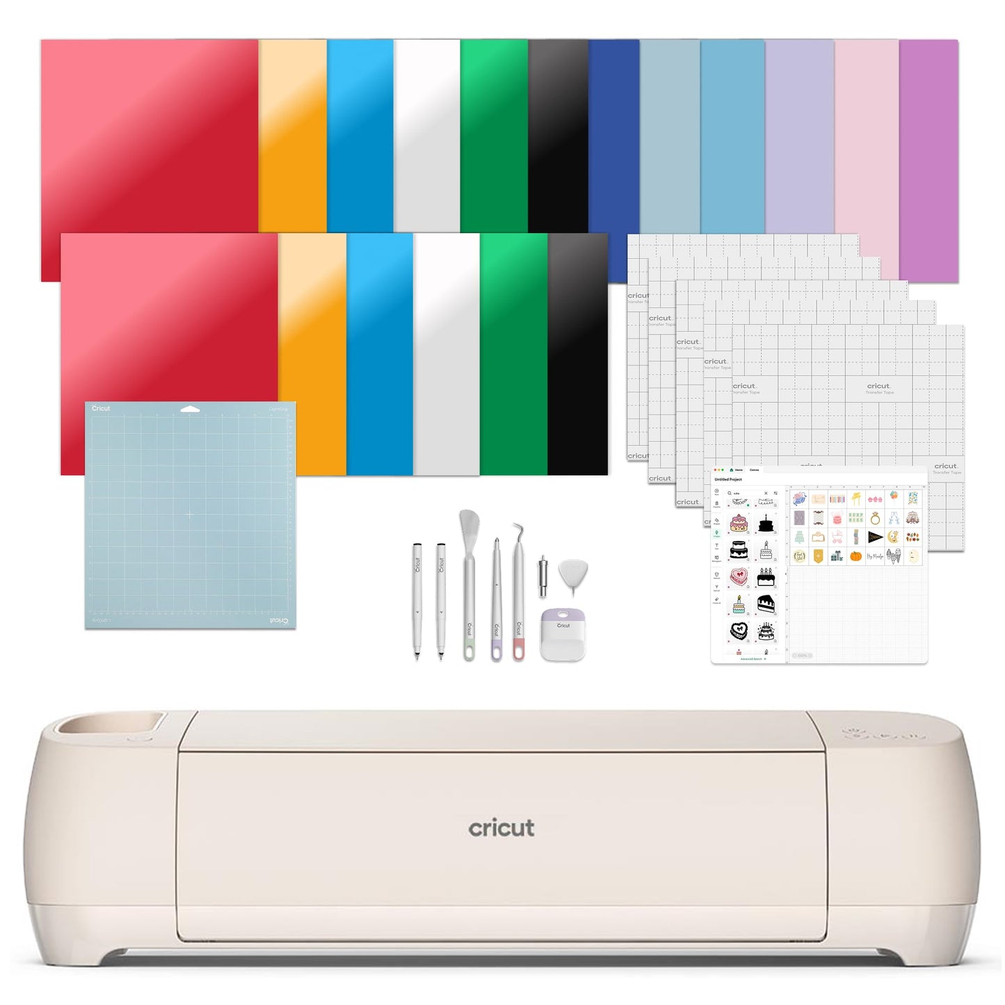 Cricut Explore 4 - Smart Cutting Machine (Seashell) | Engagement Bundle - Includes Smart Vinyl, Cardstock, Transfer Tape, Iron On HTV, Mat, Pens, Tool Kit, & 30 Images in Design Space App