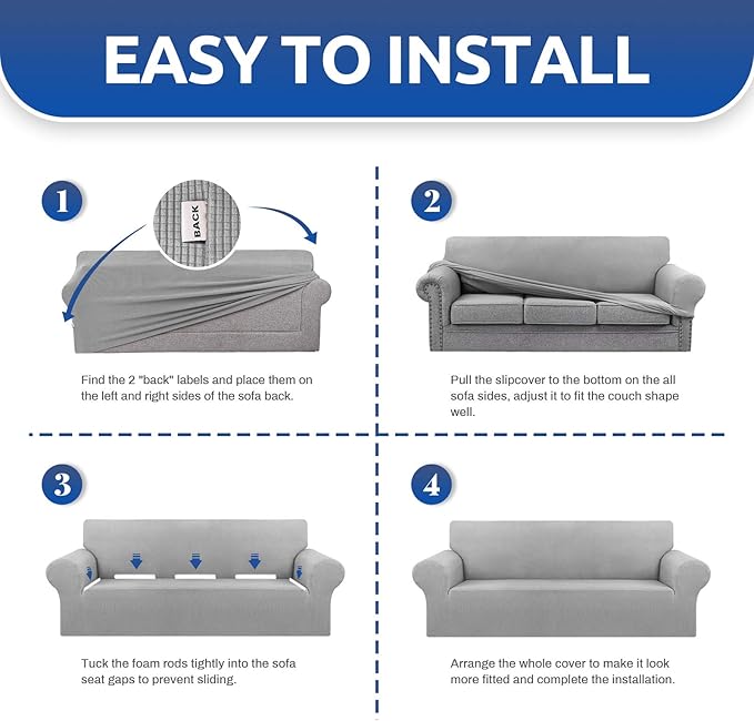 KEKUOU Stretch Oversized Sofa Slipcover 1 Piece Couch Sofa Cover (94"-110") Furniture Protector 4 Seater Sofa with Elastic Bottom for Kids,Pet.Jacquard Checked Pattern Fabric(X Large,Silver)