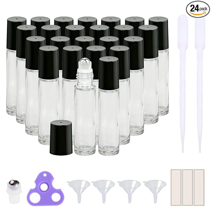 PrettyCare 24 Pack, 10 ml Essential Oil Roller Bottles with Stainless Steel Roller Ball - Refillable Leak-proof Empty Thick Clear Glass Roll on Bottles with Black Caps for Travel, Perfume