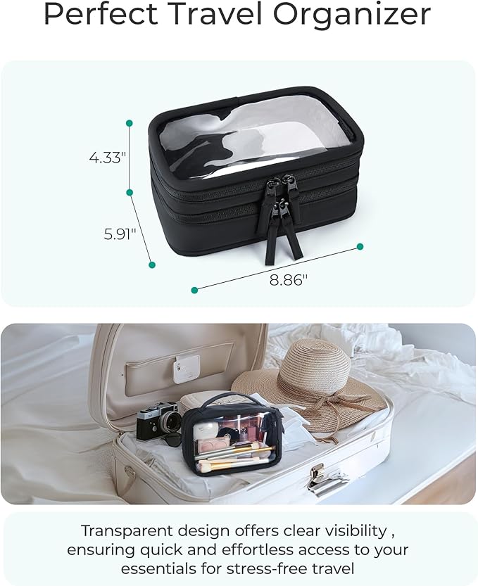 BAGSMART Double Layer Clear Makeup Bag, TSA-Approved Toiletry Bag, Large Opening with Handle, Cute Water-Resistant Travel Cosmetic Bag with Double Zipper for Car Essentials(Pink)