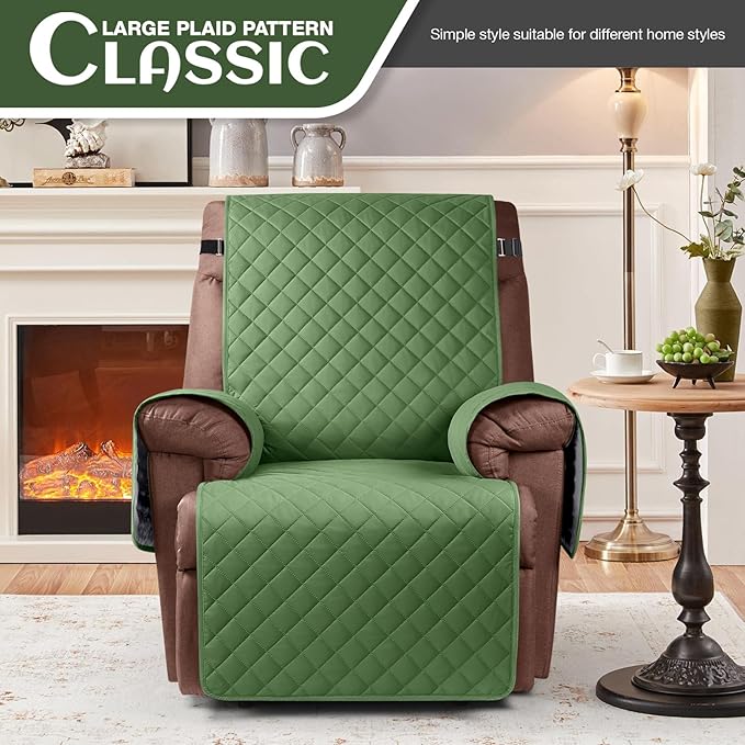 KinCam 100% Waterproof Recliner Chair Cover, Reclining Couch Covers for Pets, Dogs, Recliner Couch Slipcover Furniture Protector with Elastic Straps for Kids(28", Vine Green)