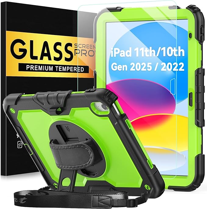 BLOSOMEET Case for iPad A16 11th/10th Generation 11''/10.9'' 2025/2022 with Tempered Glass Screen Protector & Pencil Holder, Rugged Military Grade Cover w/Stand Hand Shoulder Strap, Green