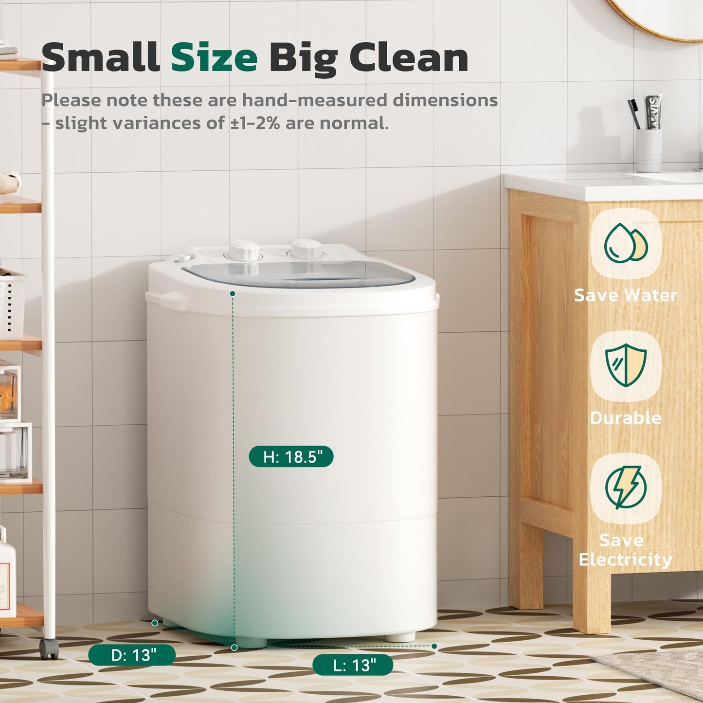 Greenvelly Portable Washing Machine, Single Tub Small Laundry Washer with Spin Basket, 6.6lbs Portable Washer Dryer Combo for Apartments,Dorms (White Grey)