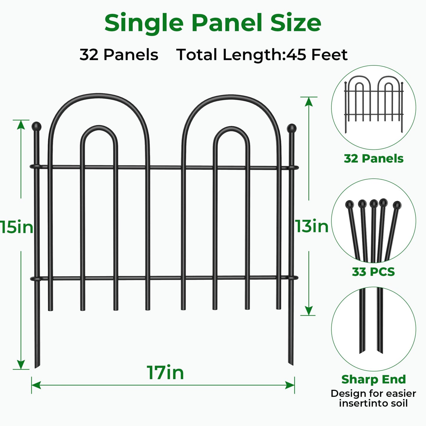 AMAGABELI GARDEN & HOME 32 Panels 13in(H)×45ft(L) Decorative Garden Fences and Borders for Dogs Fencing Animal Barrier No Dig Rustproof Metal Fence Panels with Ground Stakes for Flower Bed Fence Black