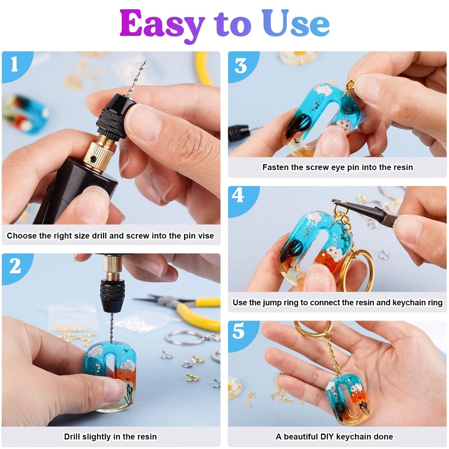 LET'S RESIN Electric Drill, 74Pcs Mini Drill with 3-Jaw Clamp-Applicable to A Larger Drilling Range (0-3mm), Keychain Making Kit, Jewelry Making Kit, Electric Hand Drill for Jewelry, Resin, Plastic