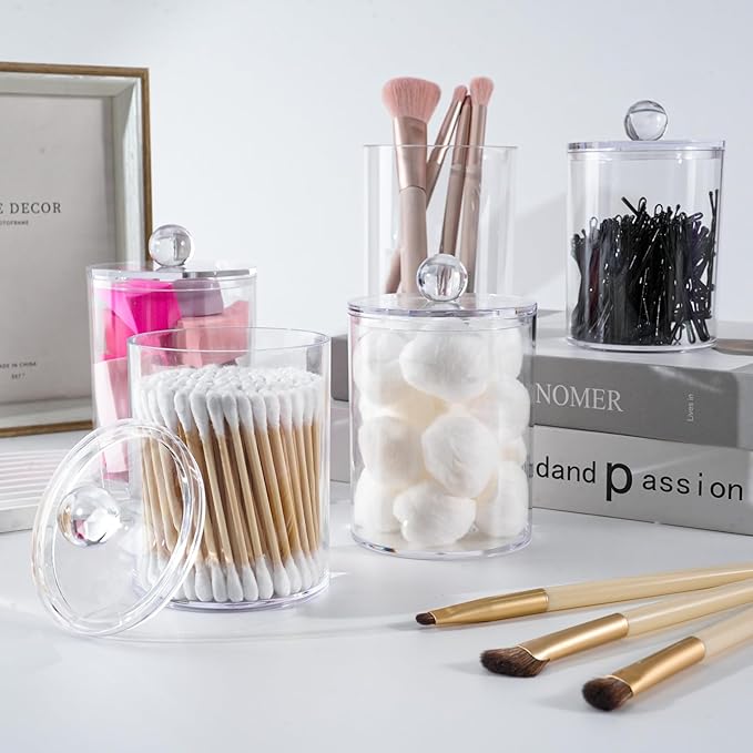 XIPENGKEJI 6 Pack Qtip Holder,Canister Apothecary Jar Set, Bathroom Jars with Lids Set for Cotton Swabs, Balls, Pads, Floss Picks,10oz-12oz Plastic Canisters Restroom Bedroom Vanity Organizer(Clear)