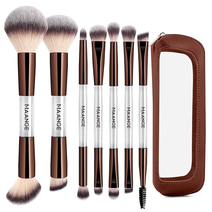 MAANGE 7 PCS Foundation Makeup Brush Set With Bag, Make up Brushes, Eyeshadow Concealer Brush, Double-ended Foundation Contour Powder Blush, Professional Face brush Set Tools For Liquid,Cream (White)