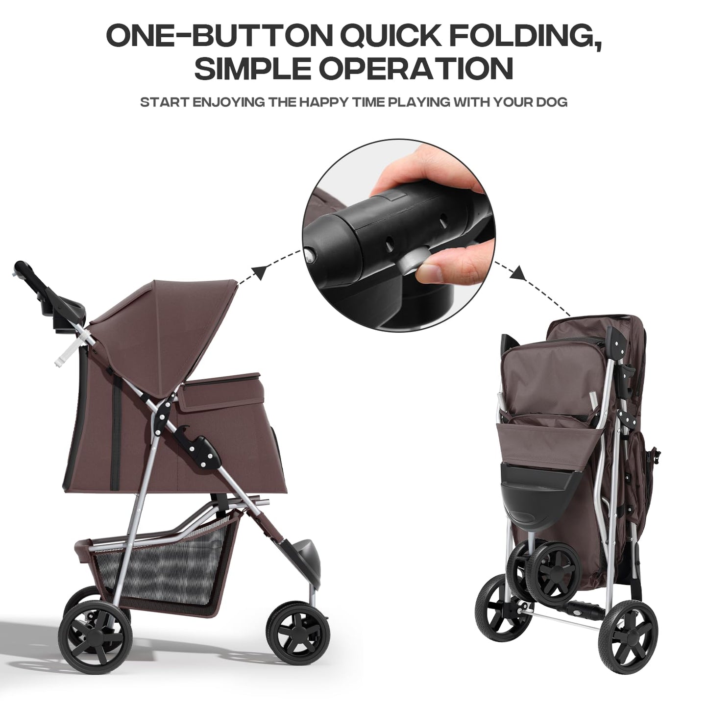 Pet Stroller for Small Dogs 10 lbs, Dog Stroller for Medium Dogs 30 lbs, Cat Strollers for 2 Cats, 3 Wheels Foldable Jogger Puppy Stroller with Storage Basket and Cup Holder, Coffee
