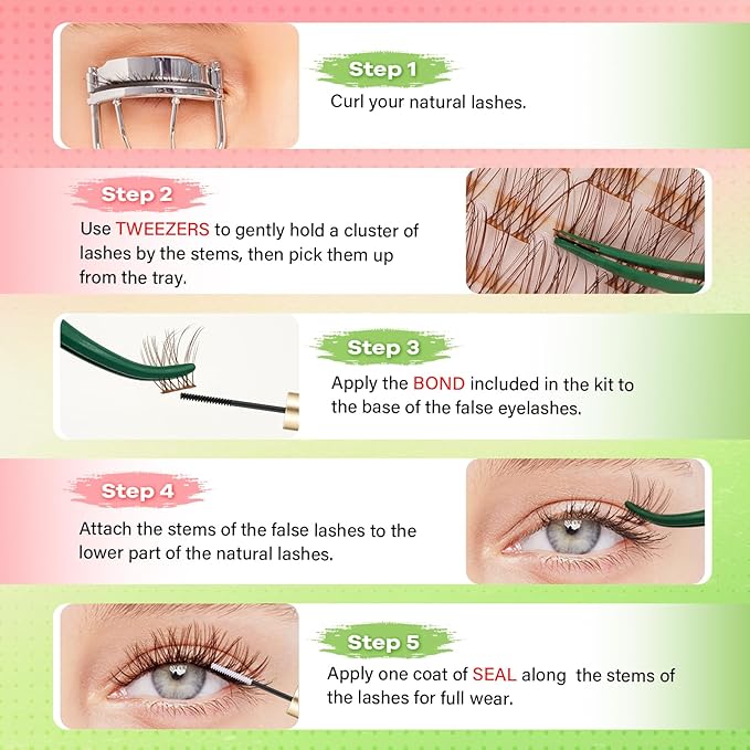 KEYYOU Venus Brown Lash Clusters Kit Fairy Lash Extension Kit C Curl 120Pcs 8-16MIX Eyelash Extension Wispy Natural Invisible Band Lash with Waterproof DIY Lash Extension Kit at Home