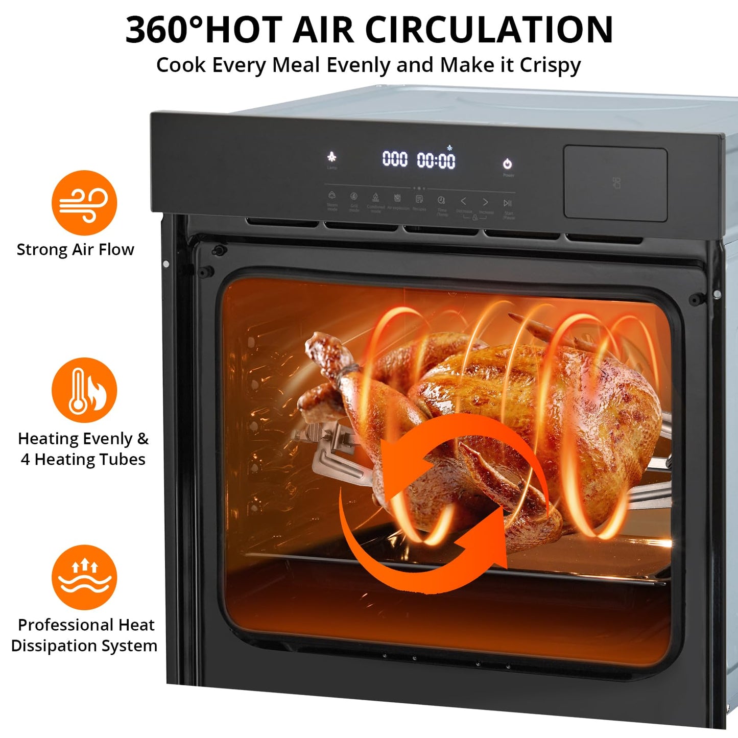 Garvee 24 Inch Built-in Steam & Convection Oven with 8 Cooking Functions, 108 Smart Recipes, 2.5 Cu.ft Stainless Steel Convection Oven with Enamel Cavity, Touch Control, Stepless Temperature Adjus