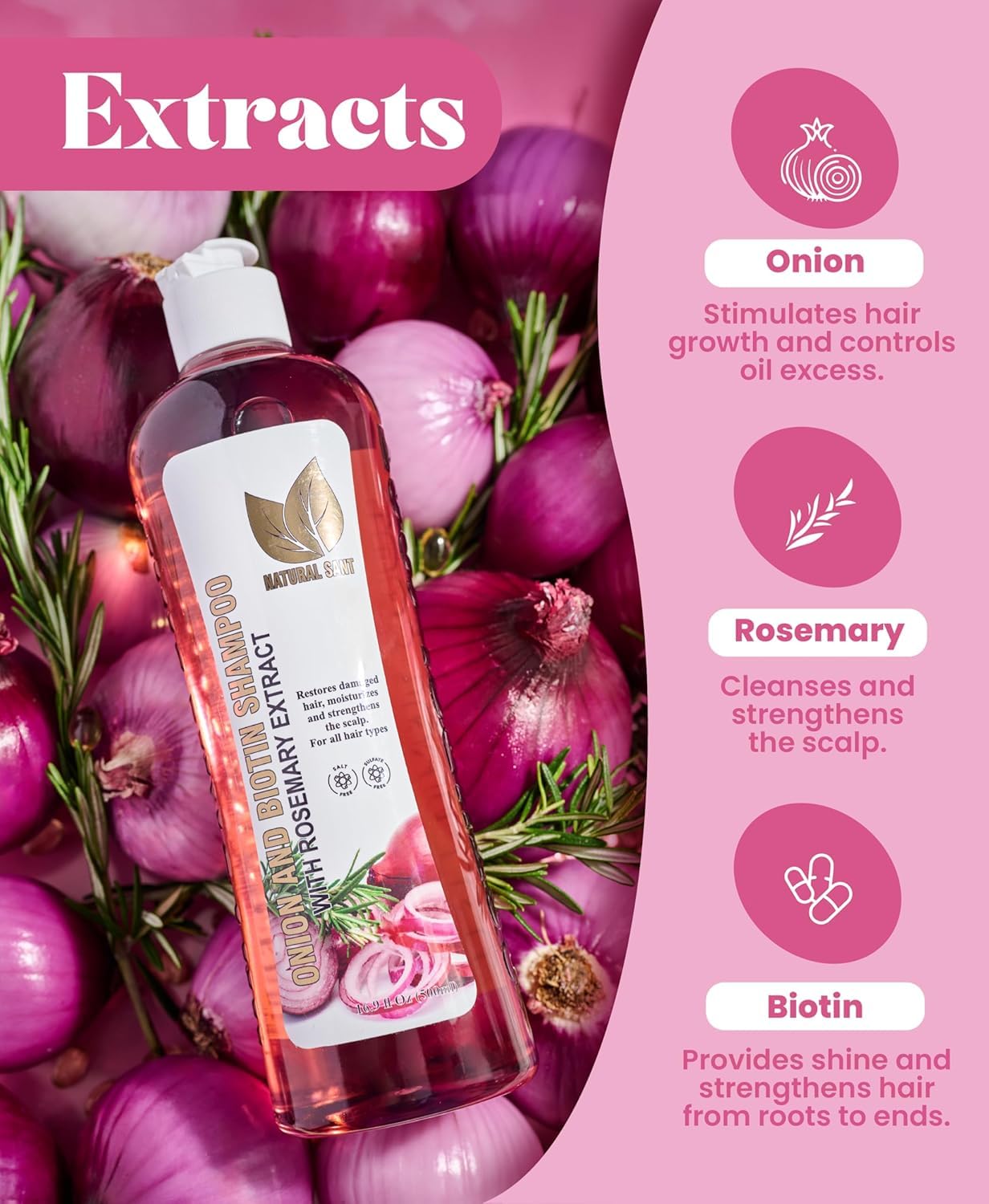 NATURAL SANT - Onion Biotin and Rosemary Shampoo & Treatment Set for Stronger, Thicker and Longer Hair - Soft and Shine, Hair Loss and Thinning, Growth Shampoo, Paraben Free, Silicone Free